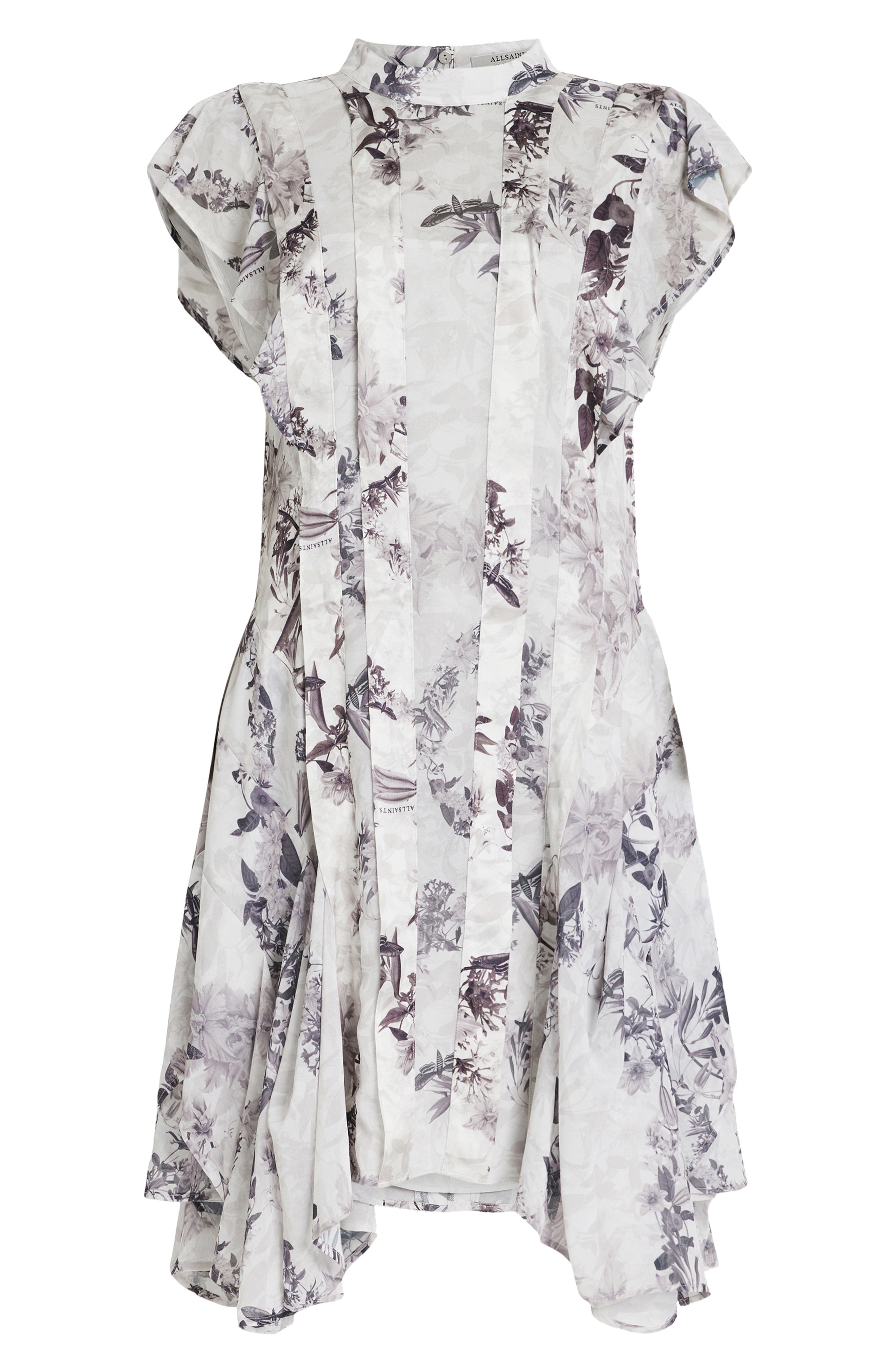AllSaints Fleur Audrey Floral Print Asymmetric Dress in Mono White | Smart  Closet