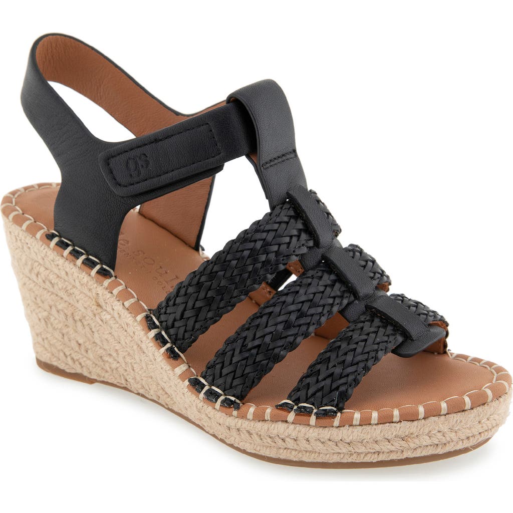 Gentle Souls By Kenneth Cole Caplin Slingback Espadrille Platform Wedge Sandal In Black Leather
