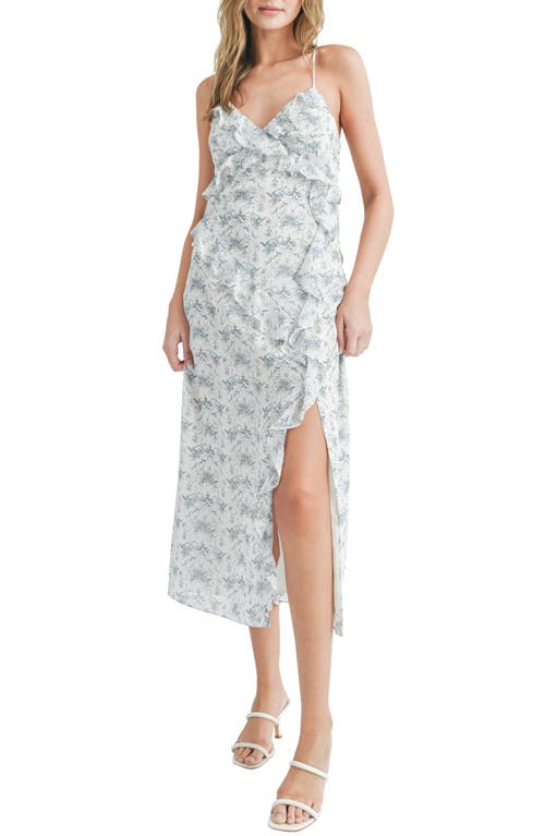 All Favor Floral Print Ruffle Midi Dress White Blue at Nordstrom,