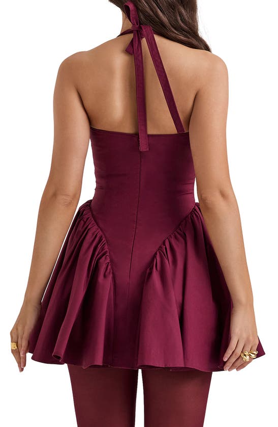 House Of Cb Valentia Plunge Halter Neck Stretch Cotton Minidress In Windsor Wine