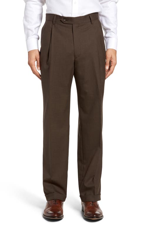 Lightweight Plain Weave Pleated Classic Fit Trousers in Brown