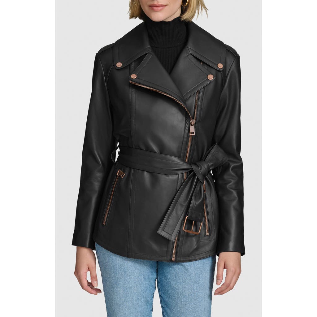 Andrew Marc Delphine Belted Leather Jacket In Black