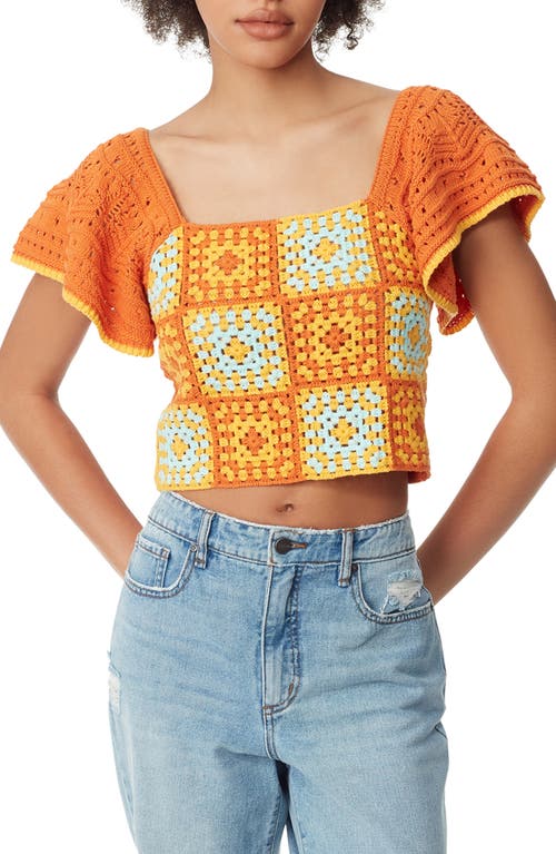 Circus NY Short Sleeve Crochet Panel Crop Sweater in Topaz