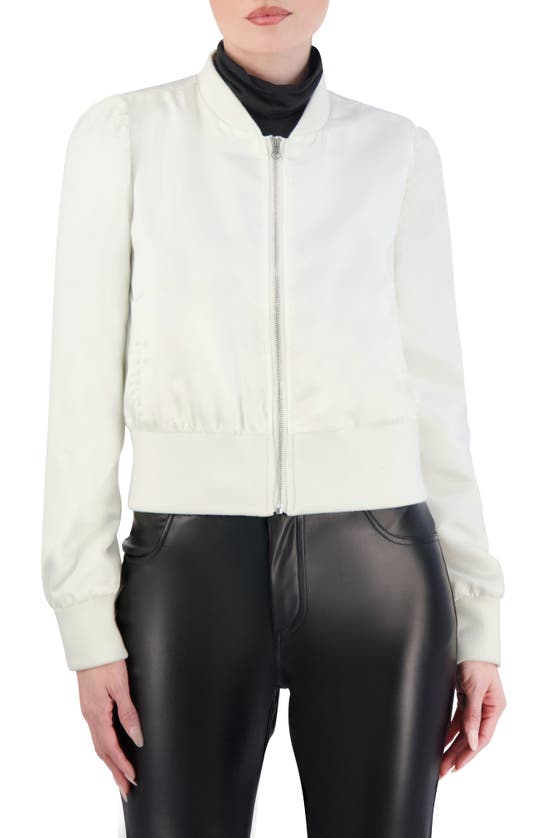 Shop Ookie & Lala Satin Crop Bomber Jacket In White