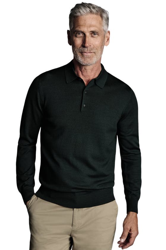 Shop Charles Tyrwhitt Merino Polo Long Sleeve Sweater In Forest Green