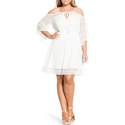 Plus Size City Chic Crochet Cold Shoulder Dress, Ivory