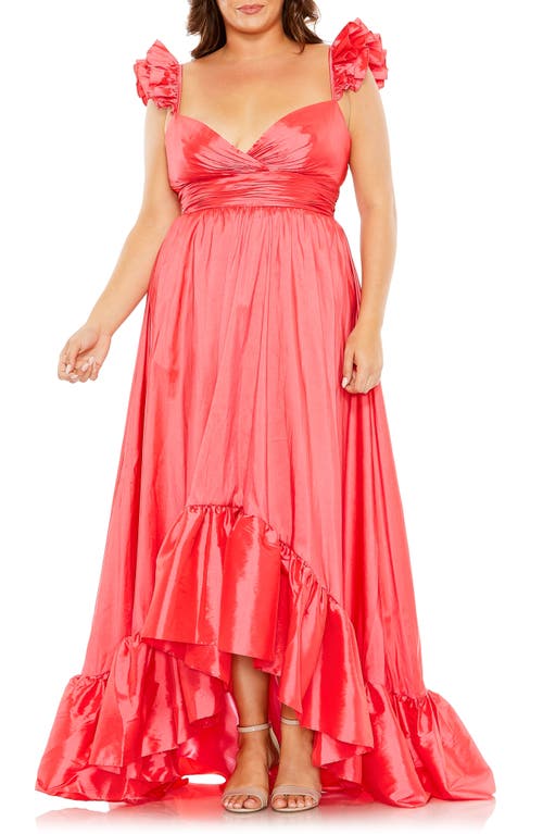 Metallic Ruffle Strap High-Low Gown in Watermelon
