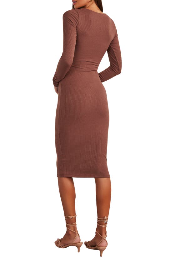 Shop Vici Collection Body Language Cutout Waist Long Sleeve Rib Dress In Brown