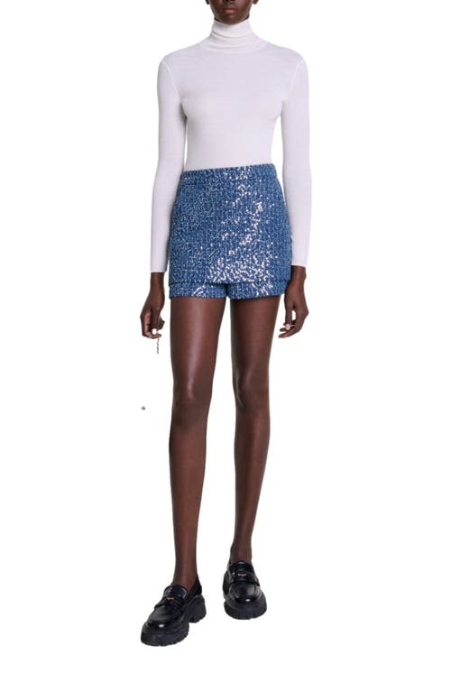 Shop Maje Tweed Illusion Shorts In Blue Silver