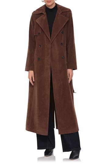 Avec Les Filles Faux Suede Double Breasted Maxi Trench Coat In Brunette