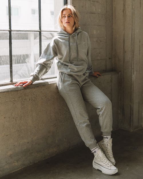 Shop Rebody Active Rebody Lifestyle French Terry Sweatpants In Heather Grey/white