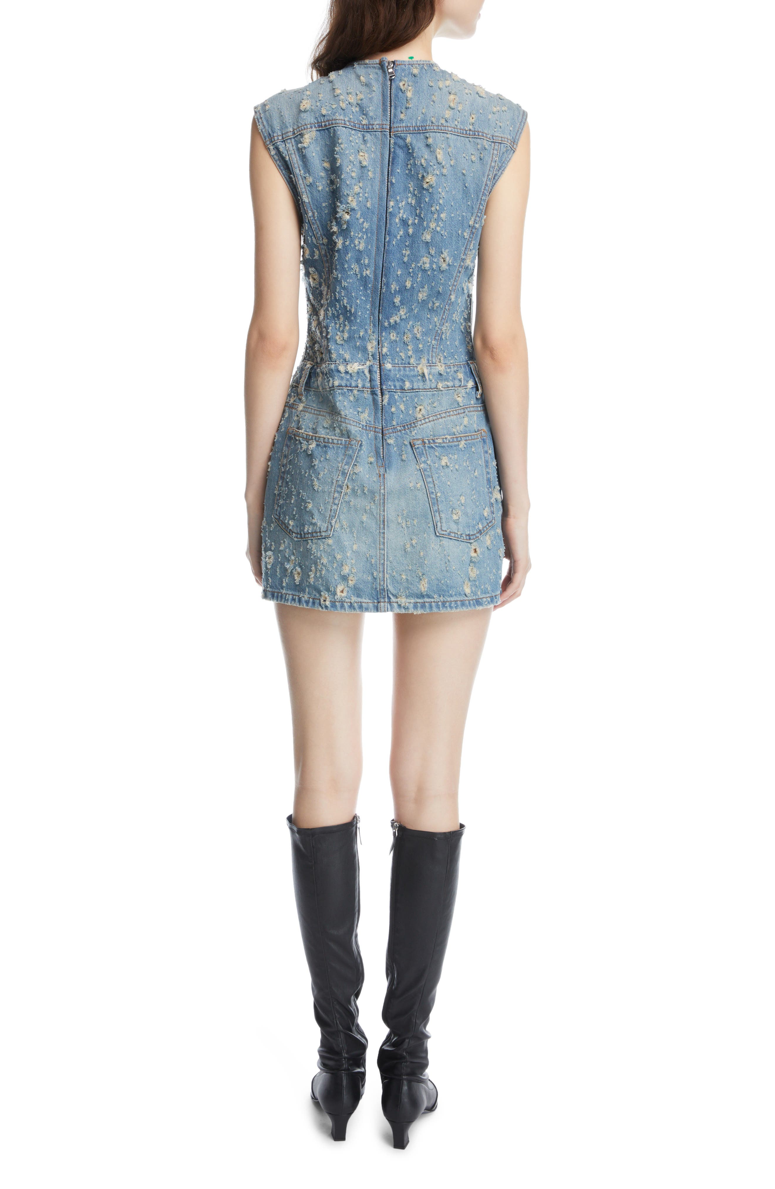 Acne Studios Devon Moth Distressed Denim Dress in Mid Blue | Smart Closet