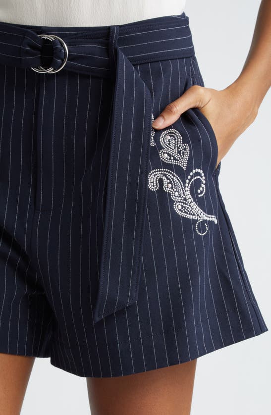 Shop Cinq À Sept Rebecca Beaded Paisley Detail Pinstripe Shorts In Navy/ Ivory