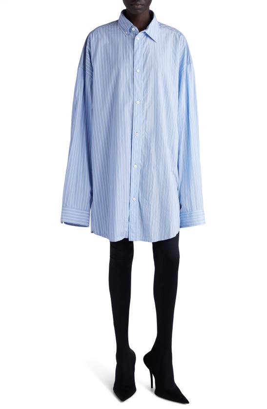 Balenciaga Cut Up Stripe Asymmetric Oversize Cotton Button-up Shirt In Sky Blue/ White