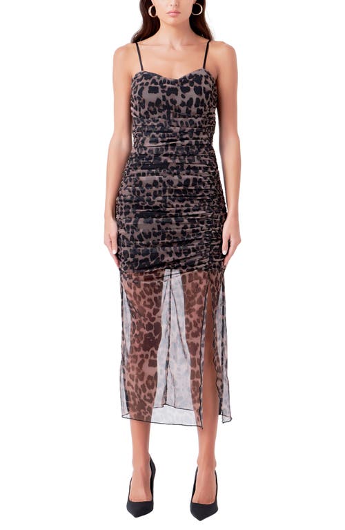 Shop Endless Rose Ruched Mesh Midi Dress In Leopard