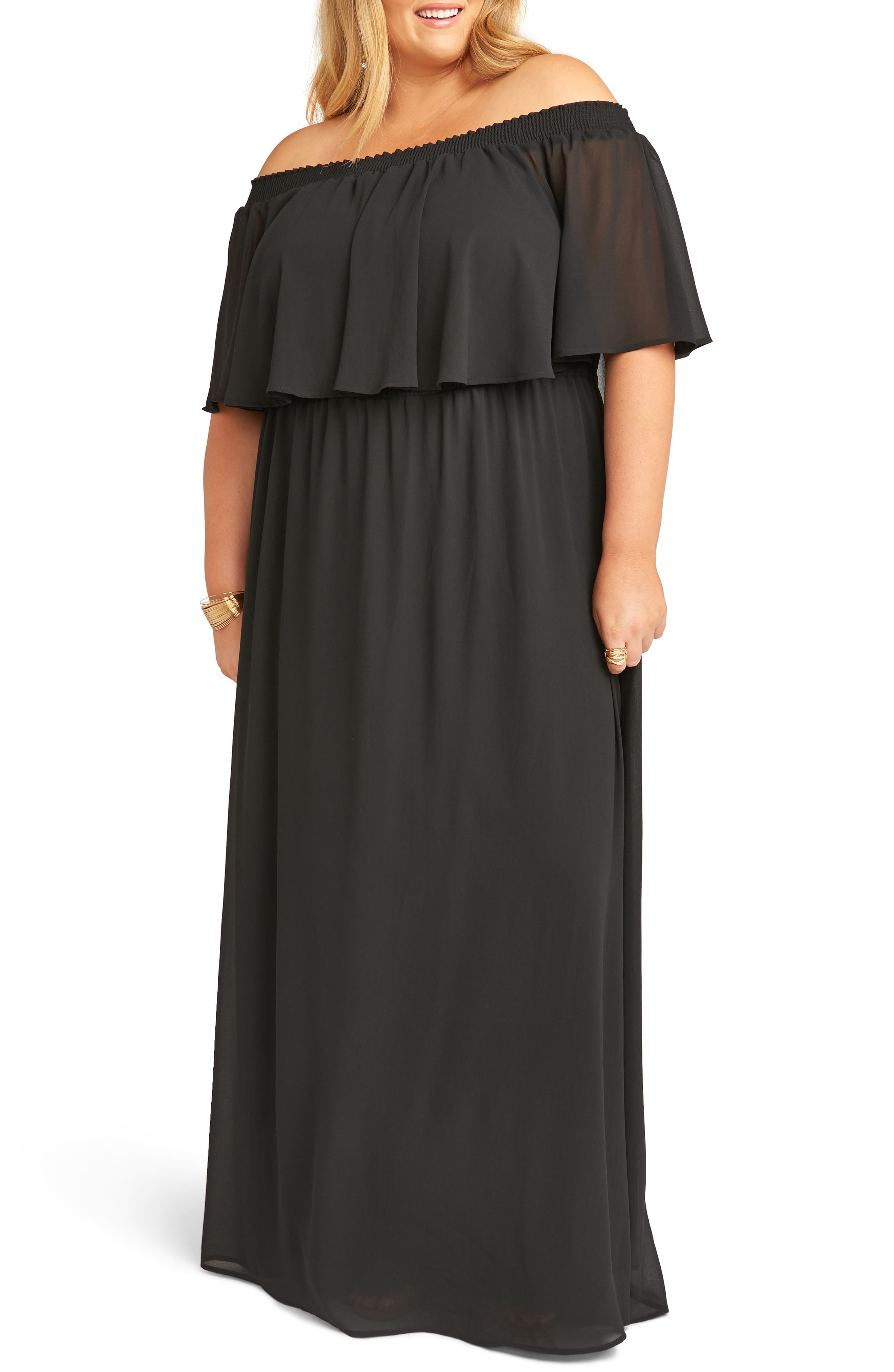 Show Me Your Mumu Hacienda Off the Shoulder Ruffle Evening Dress (Plus