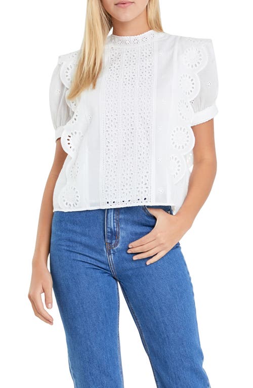 English Factory Embroidered Eyelet Short Sleeve Cotton Top White at Nordstrom,