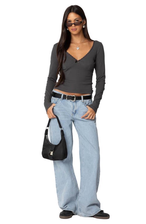 Edikted Adrienne Lace Trim Long Sleeve Jersey Top In Dark-gray