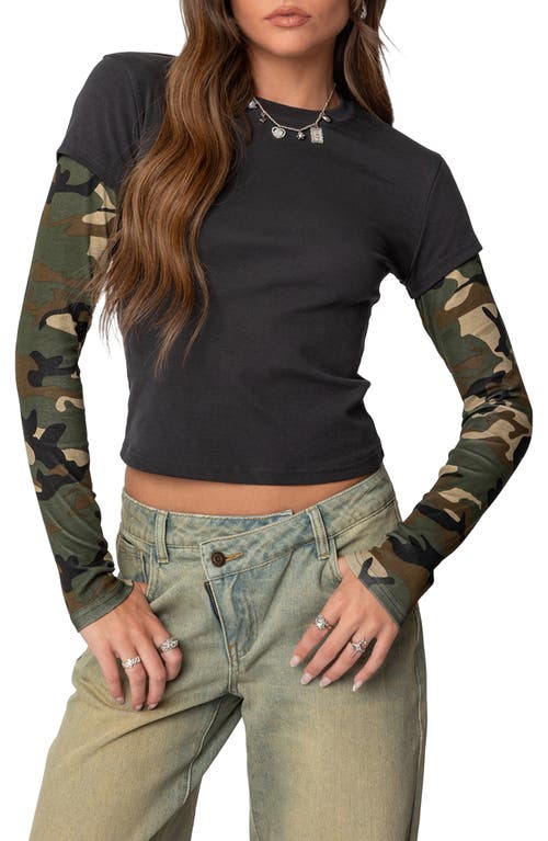 Shop Edikted Camo Layered Long Sleeve Crop T-shirt In Dark-gray