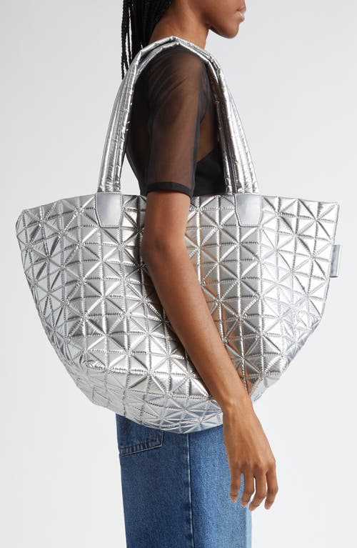 Veecollective Medium Vee Quilted Recycled Nylon Tote In Chrome Metallic