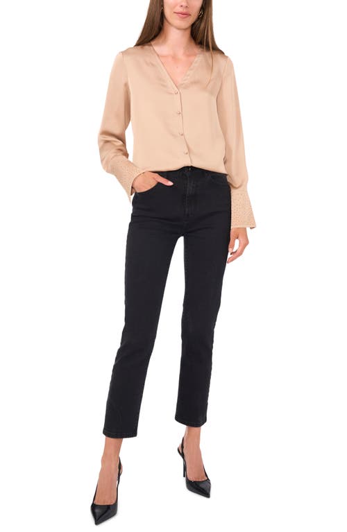 Shop Vince Camuto Rhinestone Cuff Satin Button-up Shirt In Nomad