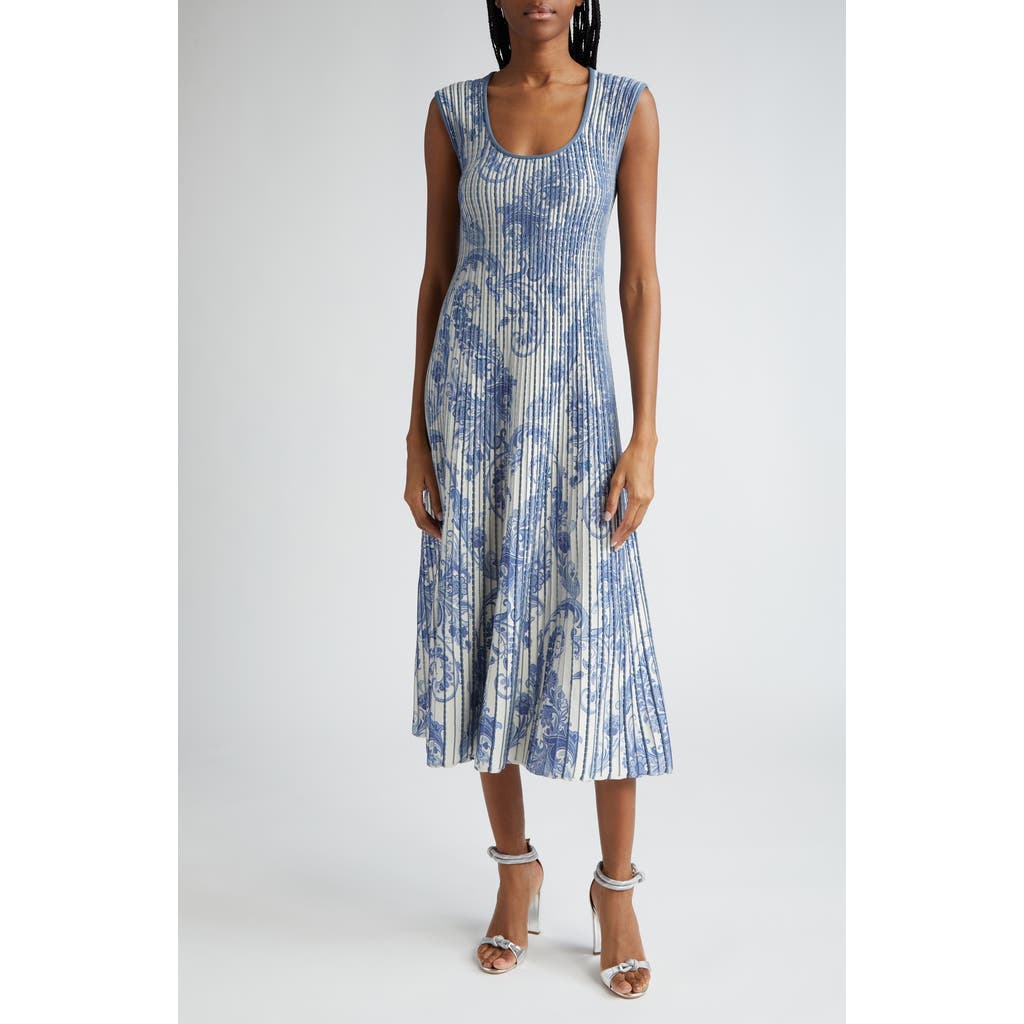 Etro Paisley Printed Knitwear Midi Dress In Blue Multi