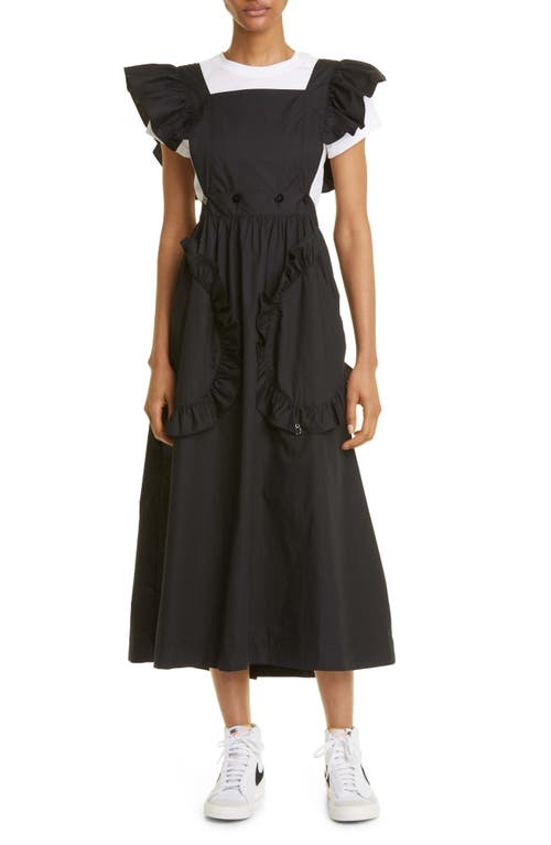 KkCo Lulu Apron Ruffle Cotton Midi Dress in Black