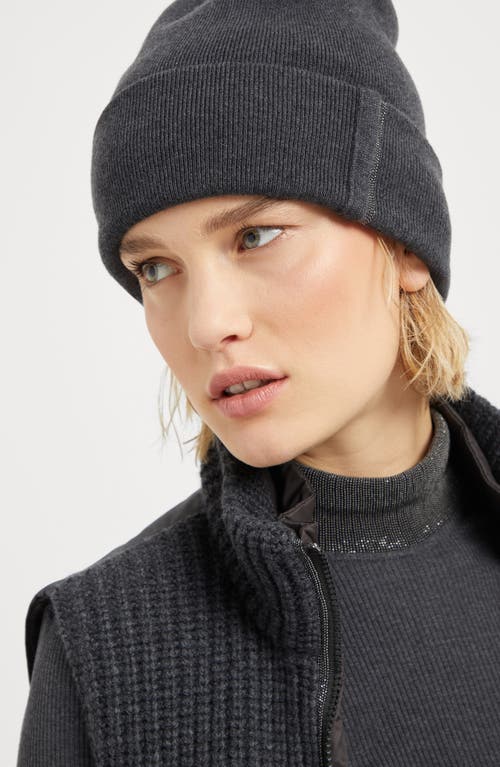 Shop Brunello Cucinelli Cashmere Rib Knit Beanie With Monili In Lignite Grey