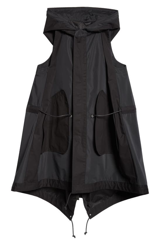 Shop Sacai Hooded Taffeta Long Vest In Black