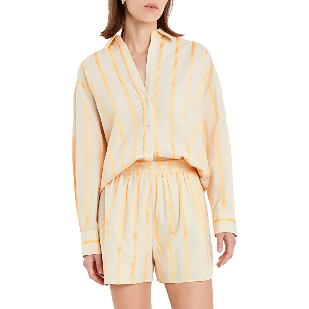 English Factory Oversize Taped Stripe Long Sleeve Button-up Shirt In Orange