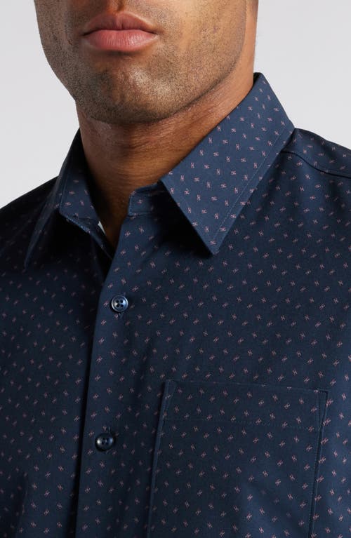 Shop Nordstrom Trim Fit Geometric Print Stretch Button-up Shirt In Navy Blue - Teal Square Geo