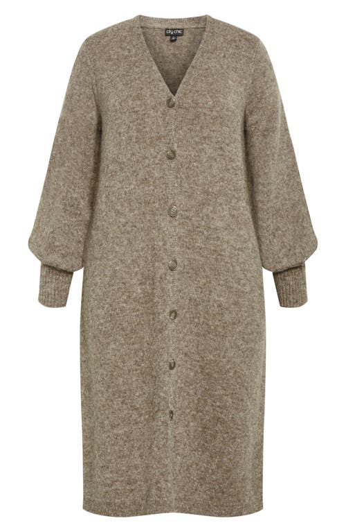 City Chic Eleni Button Front Long Sleeve Sweater Dress In Taupe Marle