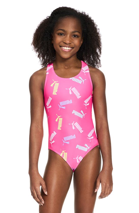 Shop Puma Kids' Crossback Allover Logo One-piece Swimsuit In Ravish