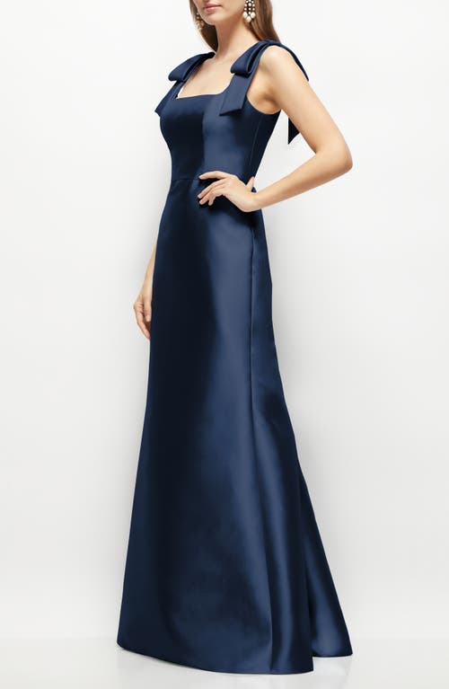 Alfred Sung Satin Fit And Flare Maxi Dress With Shoulder Bows In Midnight