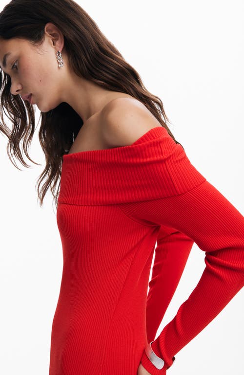 Desigual Off-shoulder Ribbed Midi Dress In Red
