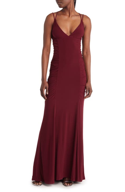 Ruched Lace-Up Jersey Column Gown