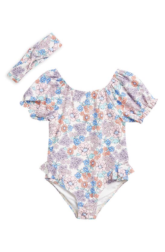 Shop Jessica Simpson Kids' Puff Sleeve One-piece Swimsuit & Headband In Floral