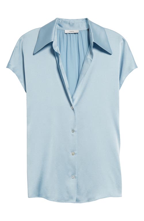 Shop Vince Cap Sleeve Gathered Back Short Sleeve Silk Button-up Shirt In Pacific Mist