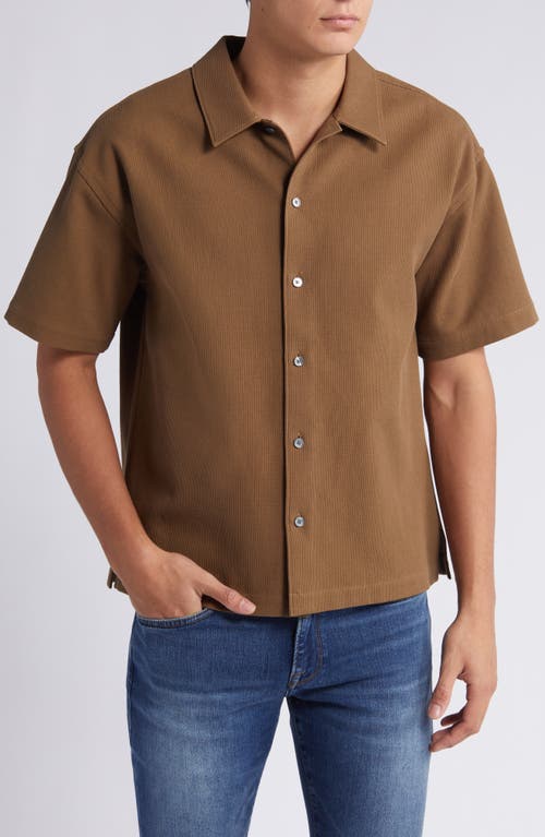 Textured Short Sleeve Button-Up Shirt in Dark Beige