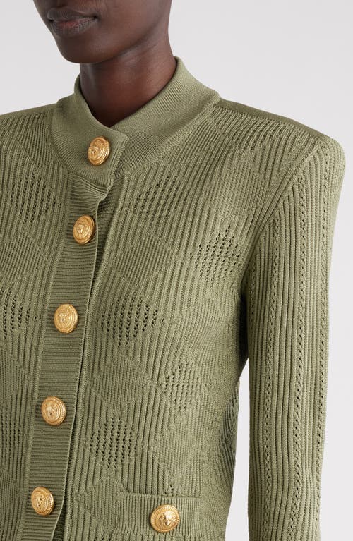 Shop Balmain Vichy Mixed Stitch Argyle Cardigan In 7co Olive