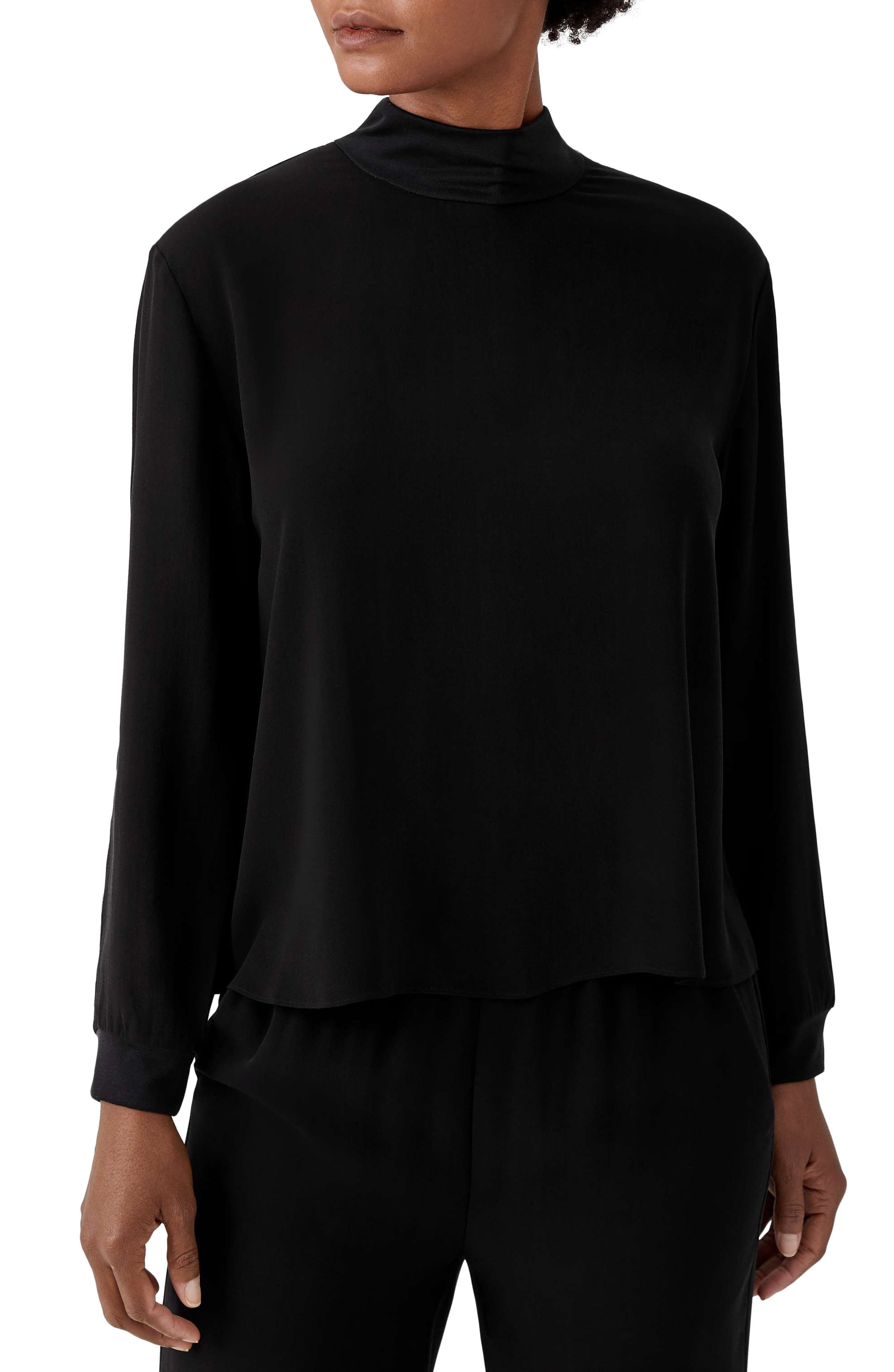 EILEEN FISHER MOCK NECK SILK GEORGETTE CREPE BOXY TOP,193481527064