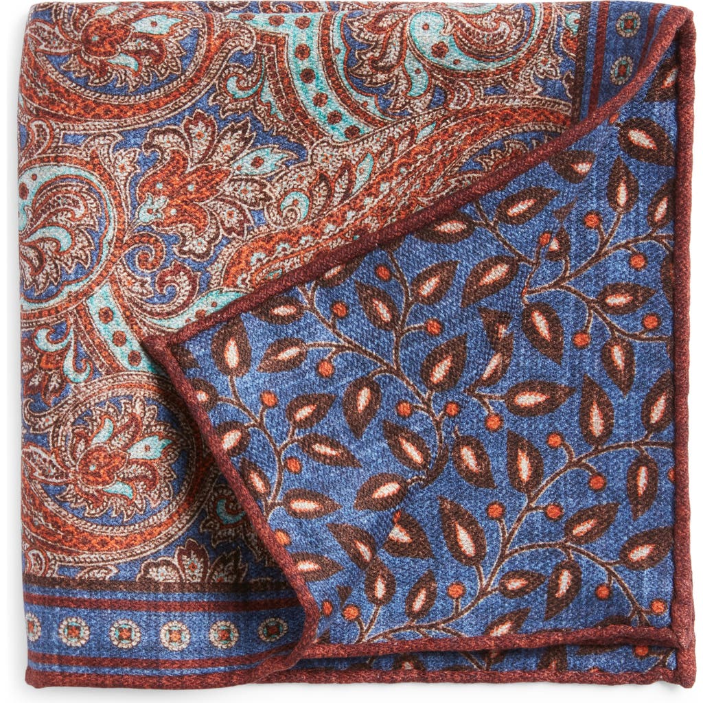 EDWARD ARMAH Paisley & Leaf Print Reversible Silk Pocket Square in Denim