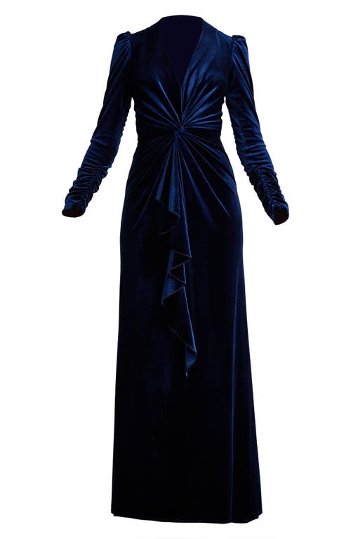 Shop Tadashi Shoji Knot Front Long Sleeve Velvet Gown In Navy