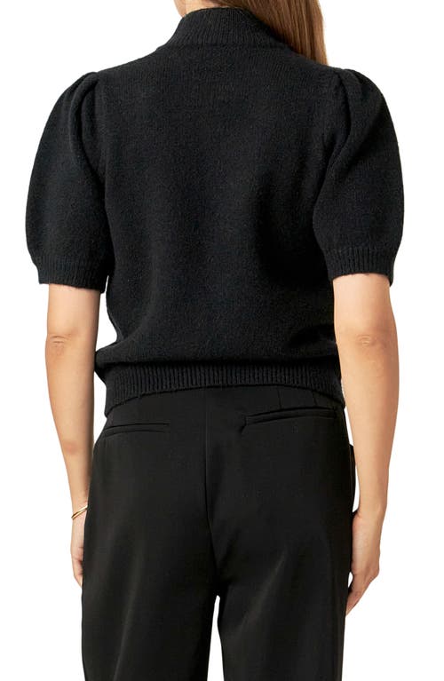 English Factory Heart Embellished Puff Sleeve Sweater In Black