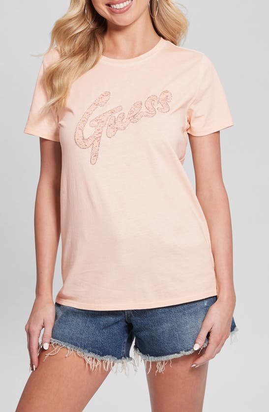 Shop Guess Lace Logo Organic Cotton Graphic T-shirt In Pink