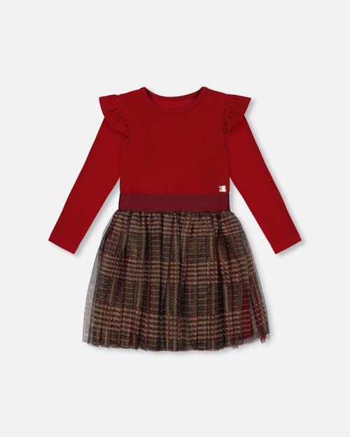 Deux Par Deux Kids'  Girl's Long Sleeve Dress With Glittering Tulle Skirt Red Plaid In Jester Red