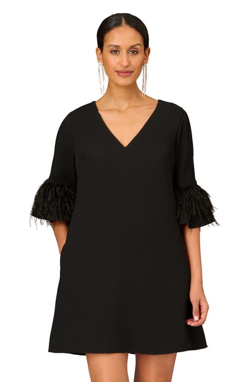 Aidan Mattox Feather-sleeve Crepe Trapeze Dress In Black