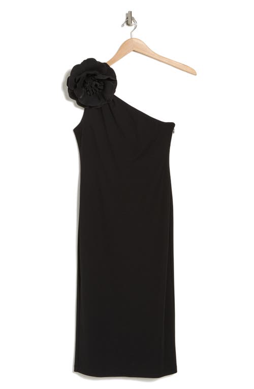 Shop Marina Flower One-shoulder Midi Dress In Black