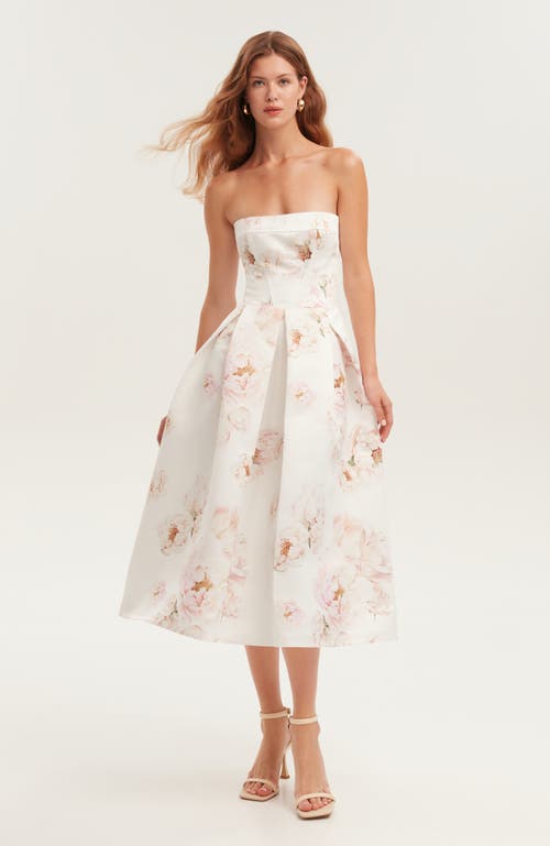 Shop Milla Strapless Midi Corset Dress With A Floral Print In Peony