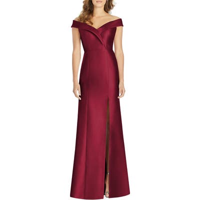 Alfred Sung Portrait Collar Satin Gown, Burgundy